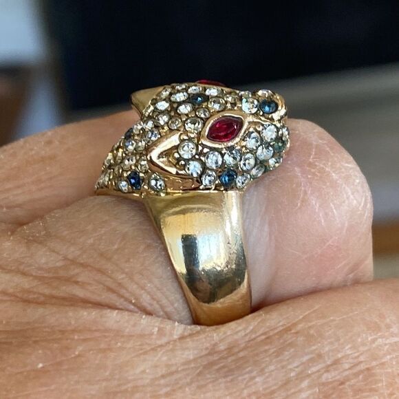 Gold Over Sterling Silver Panther & Crystals Statement Ring Vintage - Picture 4 of 11
